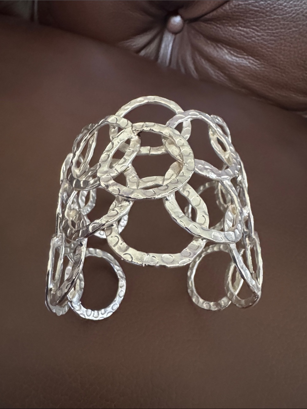 Hammered Metal Interlocking Circle Cuff Bracelet - Silver Tone